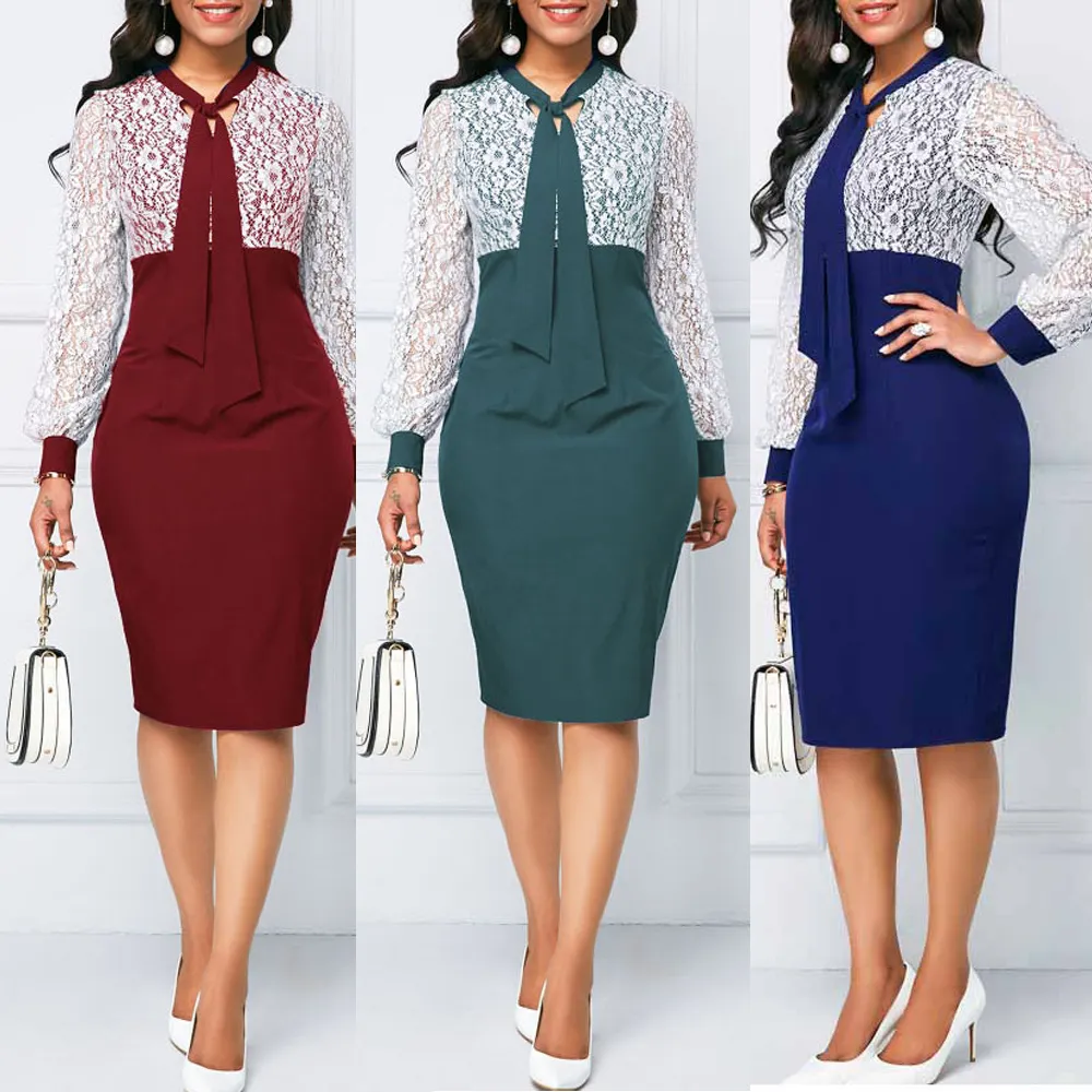 S-5XL Plus size Lace stitching collision color elegant pencil career work women dress casual for office ladies wear