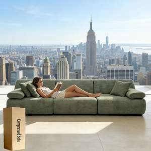 セージグリーンのバブルテクスチャーベルベット張り圧縮ソファ、真空密封モジュール式カーブボーンレスセクショナルレジャーモダン - Product Image 4