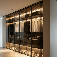 Armoire coulissante moderne sur mesure avec rangement superposé, panneau en verre et éclairage intégré, meuble de chambre à coucher