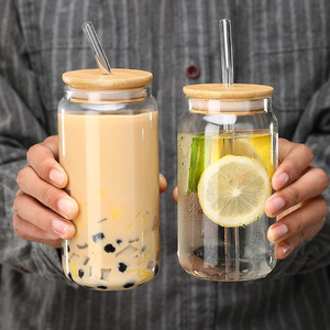 Gobelet en verre transparent avec couvercle en bambou et paille, en forme <span class=keywords><strong>de</strong></span> canette <span class=keywords><strong>de</strong></span> soda, pour café glacé et thé Boba - Product Image 5
