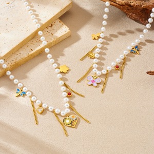 Faux Pearl Tassel Butterfly Heart Flower Pendant Necklace With Beaded Chain Women's Everyday Wear - Product Image 1