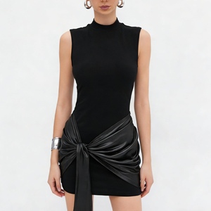 เดรสสั้นรัดรูปคอสูงแขนกุดสำหรับผู้หญิง แต่งระบายด้านหน้าพร้อมเชือกผูก  ชุดเดรสออกงานแฟชั่น - Product Image 3