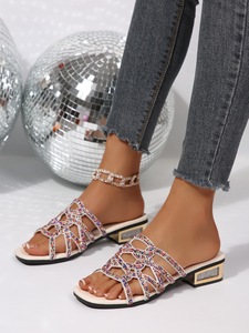 Sandalias de tacón bajo con pedrería y punta cuadrada para mujer, estilo hueco, sin cordones, para fiesta - Product Image 5