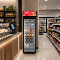 Réfrigérateur vertical de supermarché 380L à porte vitrée simple avec refroidissement par air monté sur le dessus et caisson lumineux publicitaire supérieur