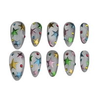 Uñas Postizas Coloridas en 3D con Diseño de Estrella y Flores, Forma de Almendra, Acabado Metálico, Pintadas a Mano, Reutilizables para Mujer
