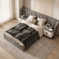 Lit double en tissu gris minimaliste de style italien, en bois de pin, avec tête de lit large plissée et capitonnée, pour chambre principale