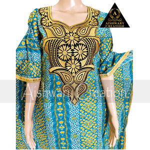 AISHWARY CREATION Kurta en coton bleu pour femme avec broderie dorée, col en V, robe longue ample, tenue ethnique quotidienne, motif géométrique - Product Image 3