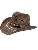 Chapeau de cowboy en paille marron foncé ajouré en gros |   Chapeaux de plage d'été personnalisés en bois et cuir pour femmes et hommes, parfaits pour les festivals et les fêtes