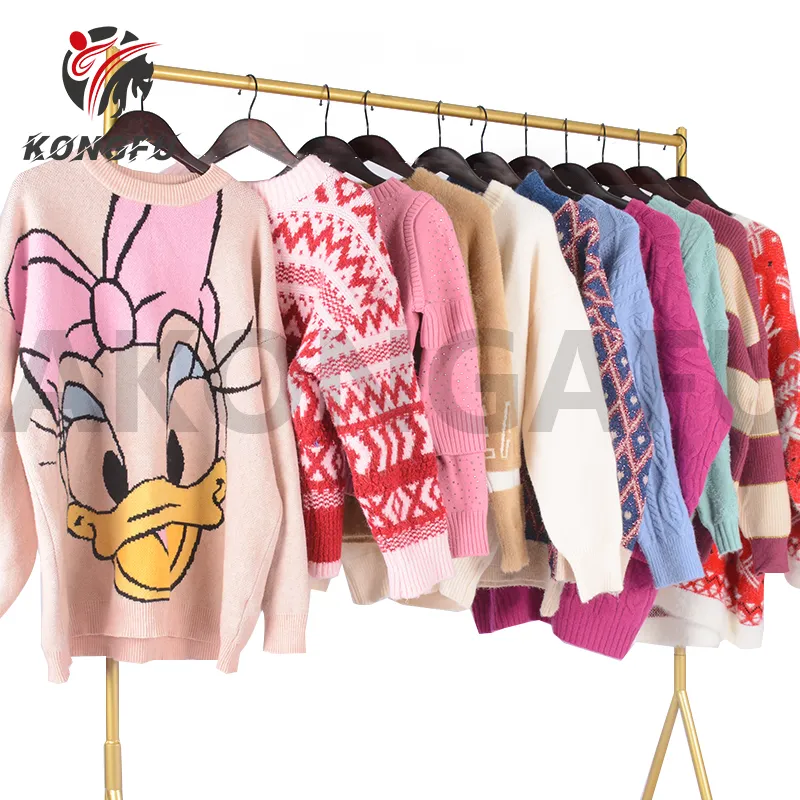 Akongfu suéter feminino tamanho grande, venda por atacado, iscas de roupa de segunda mão mistas roupas usadas