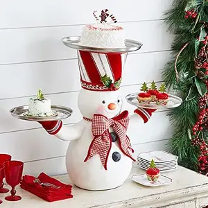 Dudukan Cupcake Manusia Salju, Dudukan Cupcake dengan 3 Nampan Dekorasi Dapur Patung Desktop Resin Natal