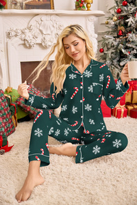 Conjunto de Pijamas Femininos de Natal e Ano Novo Estilo Europeu-Americano com Lapela, Mangas Longas e Calças Longas para Uso em Casa - Product Image 6