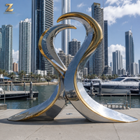 Escultura Artística Contemporánea de Olas Oceánicas en Acero Inoxidable con Acabado Dorado para Exteriores, Hoteles, Plazas y Jardines Costeros