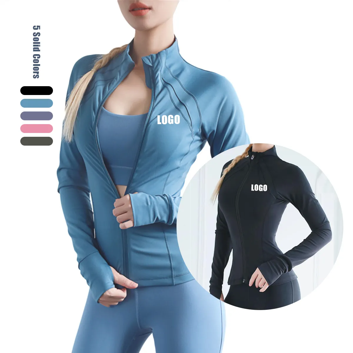 Stretchy Women Slim Fit Workout Yoga Track Jackets Full Zip Warm up Active Running Jacket Sport Coat with Thumb Holes