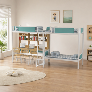Lit superposé moderne <span class=keywords><strong>3</strong></span> <span class=keywords><strong>places</strong></span> en métal pour dortoir, vente en gros d'usine, couleur personnalisée OEM, avec bureau, étagère et barrière de sécurité pour chambre à coucher - Product Image 5