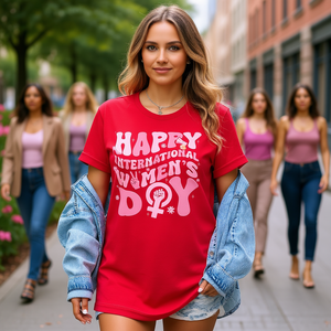 T-shirt per la festa internazionale della donna, per donna, rossa, femminista, casual, girocollo, manica corta, stampa in jersey di cotone 100%. - Product Image 2