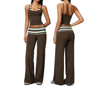 Ensemble pantalon évasé et débardeur sexy à col carré, respirant, élastique, extensible dans les quatre sens, amincissant, avec pli avant à la taille pour femme - Product Image 3
