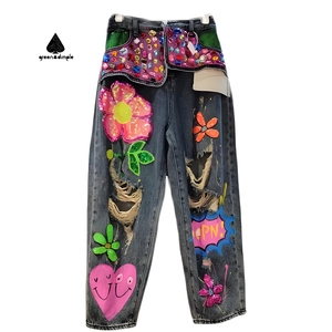 Jeans taille haute uniques et élégants, décorations colorées, bijoux incrustés, paillettes, jeans déchirés, jeans <span class=keywords><strong>de</strong></span> rue, pantalon droit pour femmes - Product Image 1