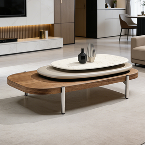 Tavolino <span class=keywords><strong>da</strong></span> Caffè Moderno di Lusso con Piano <span class=keywords><strong>in</strong></span> Pietra <span class=keywords><strong>Naturale</strong></span>, Impiallacciatura <span class=keywords><strong>in</strong></span> <span class=keywords><strong>Legno</strong></span> e Gambe <span class=keywords><strong>in</strong></span> Metallo, Arredamento Contemporaneo per Soggiorno - Product Image 1