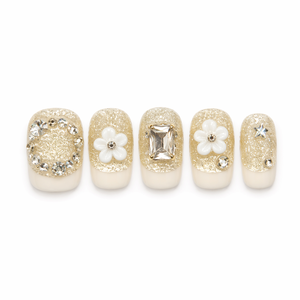Faux ongles à presser faits main en acrylique avec paillettes et strass, couvrance totale, forme amande, motif floral blanc de luxe, élégants - Product Image 1