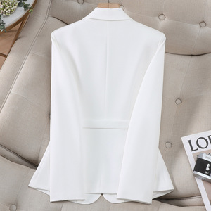 White Women's Blazer With Belt Solid Color Slim Fit For Office Wear - Product Image 3