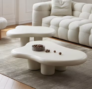 Ensemble de tables basses modernes en forme de nuage ondulé blanc crème, design minimaliste carré pour le salon - Product Image 1