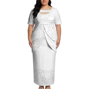Ensemble deux pièces Puletasi blanc tribal polynésien de luxe grande taille, haut et <span class=keywords><strong>jupe</strong></span>, col rond, style Hawaï, ajusté - Product Image 3