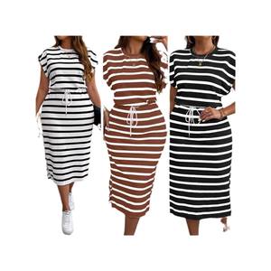 Pakaian Wanita Eropa Amerika untuk Perdagangan Lintas Batas di Situs Independen AliExpress, Gaun Bermotif Garis di Bagian Leher - Product Image 5