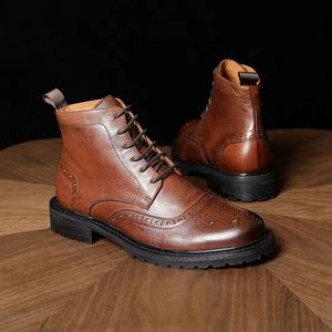 High Top Chelsea Retro Brogue Ankle Boots Rubber Upper Waterproof Slip-On Breathable Round Toe Heightening Feature - Product Image 5