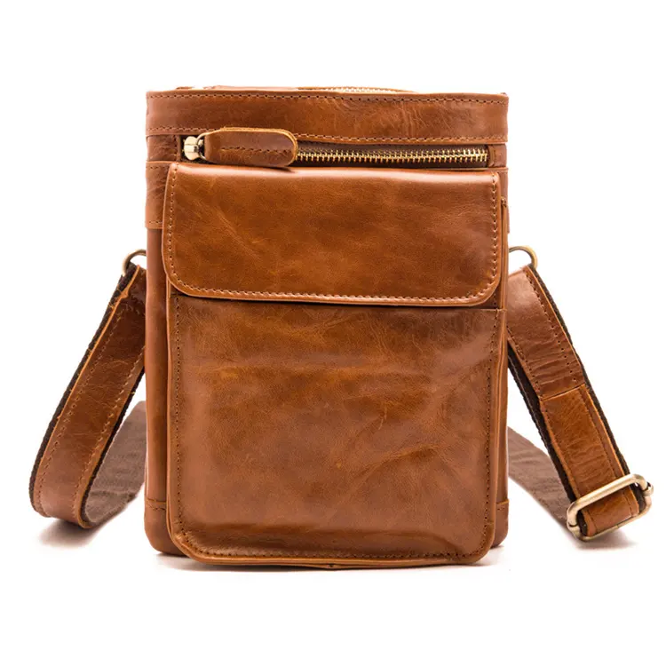 Leisure Multifunctional 7-inch Leather Mobile Phone Bag Outdoor Retro Waist Bag Men's Oil Wax Leather OPP Bag Fashion Zipper