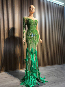 Robe fourreau élégante pour femme, une seule manche longue, en tissu de soie avec strass haut de gamme, robe de soirée de luxe - Product Image 5