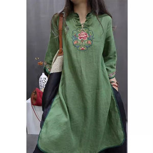 Chinese Style Cotton Linen Dress Mandarin Collar Embroidery Loose Fit Mid Length <b>Three</b> Quarter Sleeves Daily Wear Green Black - Product Image 1