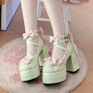 Tacones Lolita Color Verde Menta con Lazo Rosa, Tacón Grueso, Punta Cerrada, Cierre de Hebilla, Estilo Primavera - Product Image 1