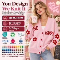 Cardigan personnalisé pour femme, motif floral et lettres, col en V, boutonné, manches longues, tricoté, surdimensionné, OEM ODM
