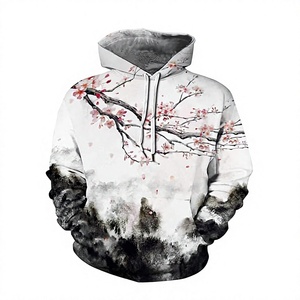 Sweat-shirt à capuche imprimé paysage brumeux avec branche fleurie artistique pour un usage décontracté - Product Image 1