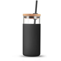 Gobelet en verre borosilicate de 20 oz avec couvercle en bambou et paille, bouteille d'eau esthétique avec manchon en silicone, tasse à café écologique