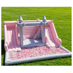 Grande Castello Gonfiabile Commerciale Rosa Pastello con Doppio Scivolo e Piscina di Palline, Scivolo Acquatico Gonfiabile per Bambini con Piscina - Product Image 1