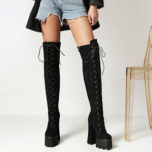 Hot Soft Suede Leather Black Over Knee <b>Boots</b> Long Lace-up Thick Heel Shoes Women <b>Boots</b> Winter Warm <b>Platform</b> Size 44 - Product Image 4