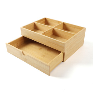 Office desktop bamboo four-compartment <b>drawer</b> <b>storage</b> <b>box</b> for stationery and books, a unique retro student-style organizer. - Product Image 3