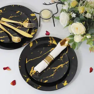 Elegante einweg-Kunststoff-Dessertsalat Catering Partyzubehör Marmor-Vorgeschirr Teller schick schwarz goldene Kunststoff-Geschirr Hd