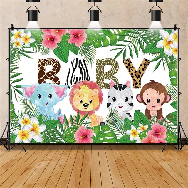 Fondo fotográfico para Celebración de bebé, decoración de fiesta con temática de jungla de animales de Safari, cartel para fotomatón, accesorios de 7x5 pies