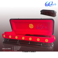 Cercueil pour adultes en acajou africain massif, finition américaine brillante, intérieur en velours rouge, couvercle semi-ouvert, designs personnalisables