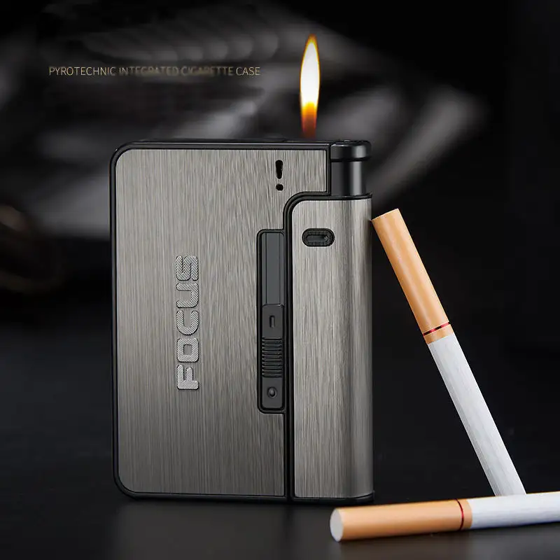 KY Good Price Focus Portable 10 Pcs Automatic Aluminum Blank Metal Cigarette Case with Gas Lighter