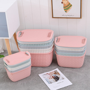 3 paniers de rangement en plastique de grande capacité pour la maison, organisateur de bureau, salon, collations et jouets, avec couvercle et poignée - Product Image 1