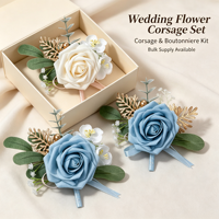Set Bunga Buatan Dusty Blue Real Touch Rose, Corsage Pergelangan Tangan & Boutonniere, Cocok untuk Pengantin Wanita, Pengantin Pria, Pengiring Pengantin Wanita, Pengiring Pengantin Pria, Pernikahan