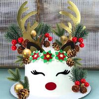 Kit de décoration de gâteau visage de renne, bois de renne doré, poinsettia, pomme de pin, baie, aiguille de pin, fournitures de fête de Noël, décorations de gâteau