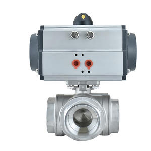 Vanne à boisseau sphérique filetée pneumatique à trois voies en acier inoxydable 304 Vanne de dérivation directionnelle de type L/T à filetage interne - Product Image 1