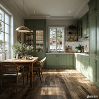 Meubles de cuisine sur mesure avec finition vert sauge, portes shaker et plan de travail en marbre, dimensions personnalisées et aménagement sur mesure