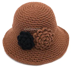 DS, venta al por mayor, sombrero de cubo de ganchillo a mano de algodón, sombrero de invierno, gorro con flor para mujer