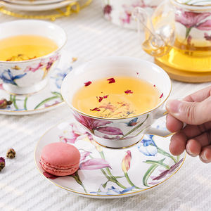 Set di tazze e piattini per caffè e tè personalizzati in porcellana di porcellana Fine con manico in <span class=keywords><strong>oro</strong></span> floreale - Product Image 4