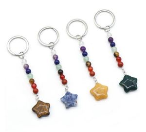 Natural Stone 7 Chakra Keychain Healing Star Pink Quartz Crystal Key Chain Pendant Jewelry Key Ring Car Key Bag Decor Gift